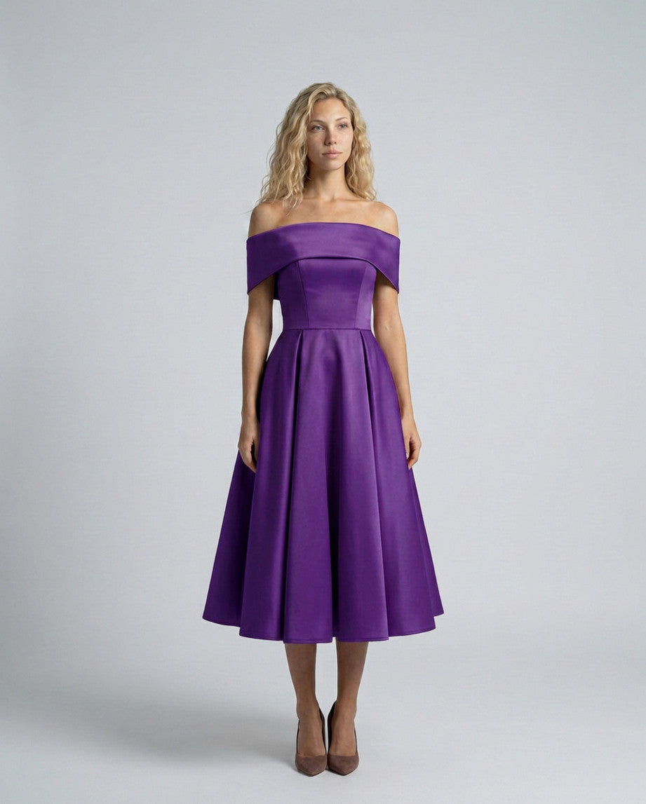 Off Shoulder Pleated Midi Dress