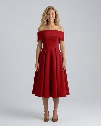 Off Shoulder Pleated Midi Dress