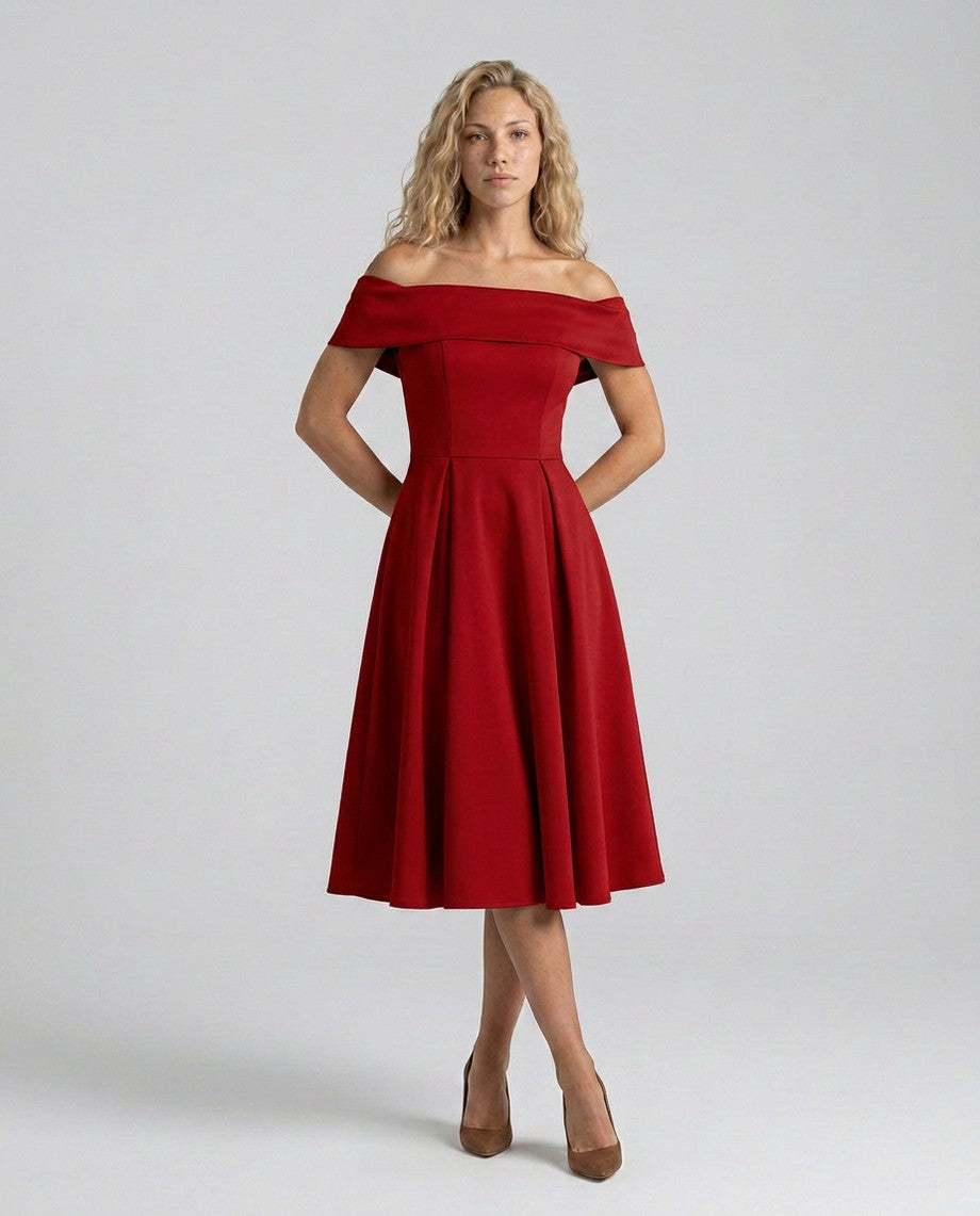 Off Shoulder Pleated Midi Dress