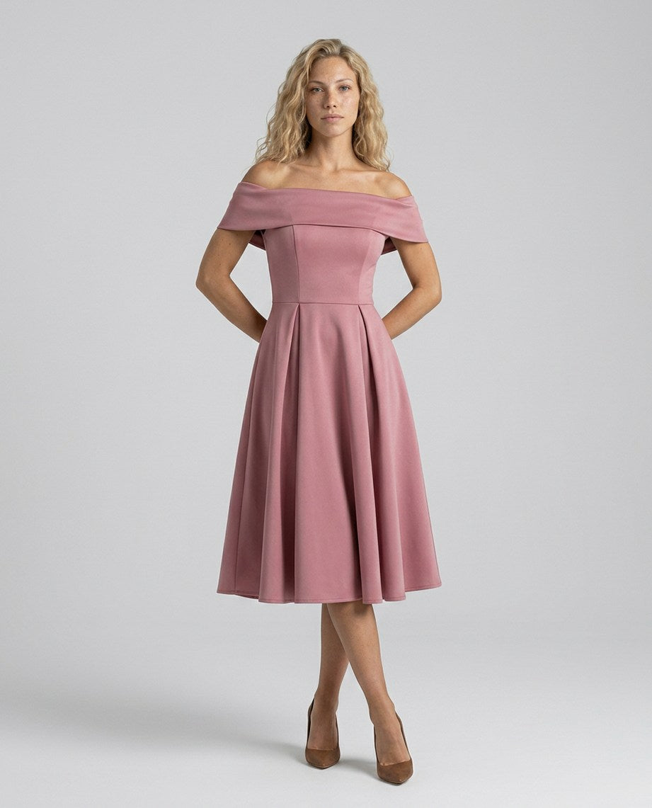 Off Shoulder Pleated Midi Dress