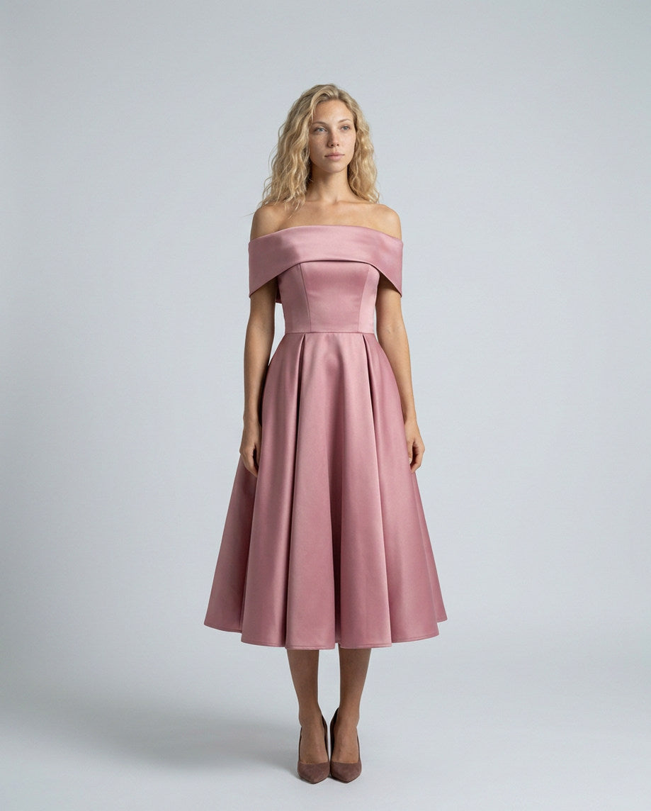 Off Shoulder Pleated Midi Dress