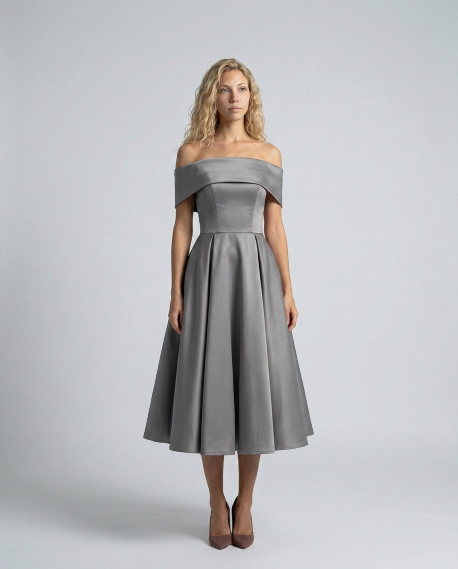 Off Shoulder Pleated Midi Dress