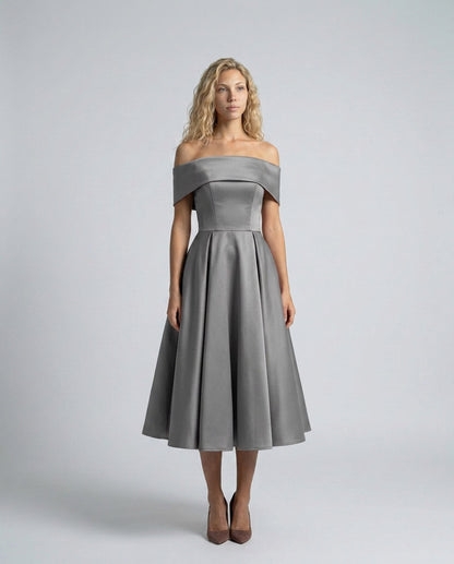 Off Shoulder Pleated Midi Dress