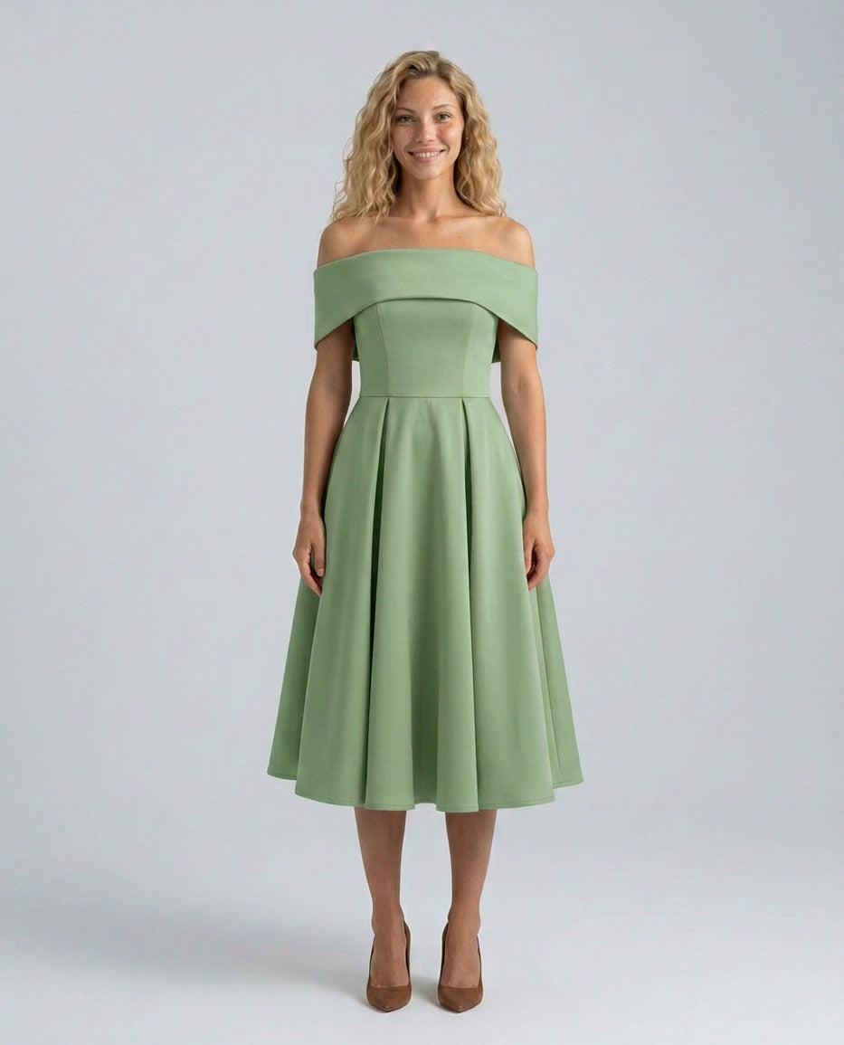 Off Shoulder Pleated Midi Dress