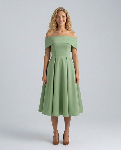 Off Shoulder Pleated Midi Dress