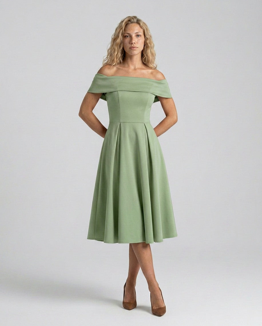 Off Shoulder Pleated Midi Dress