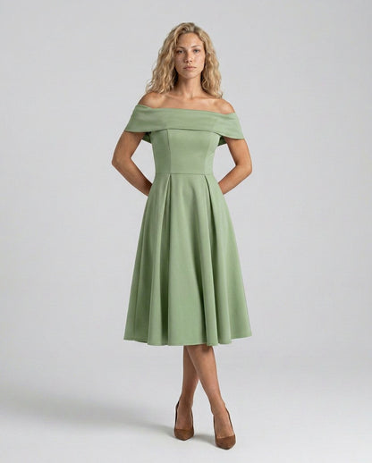 Off Shoulder Pleated Midi Dress