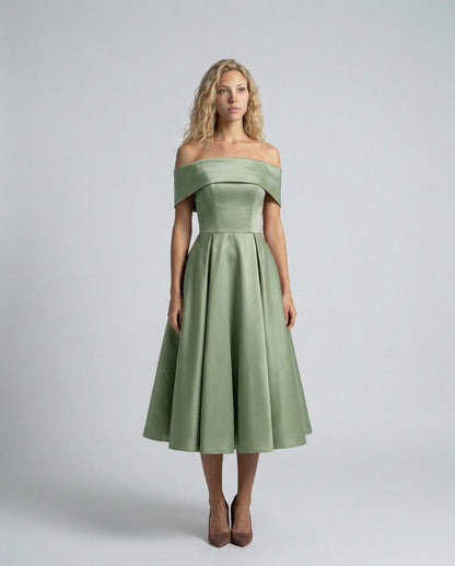 Off Shoulder Pleated Midi Dress