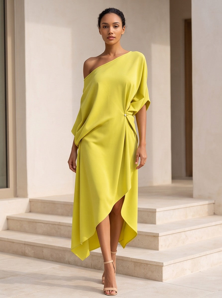 One Shoulder Batwing Sleeve Midi Dress