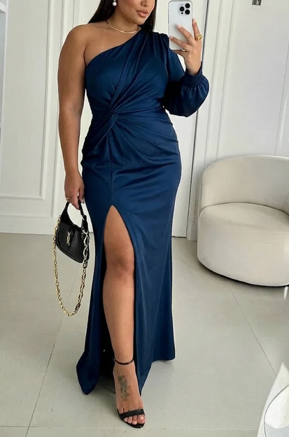 One Shoulder Ruched Satin Maxi Dress
