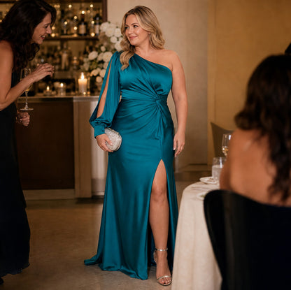 One Shoulder Ruched Satin Maxi Dress