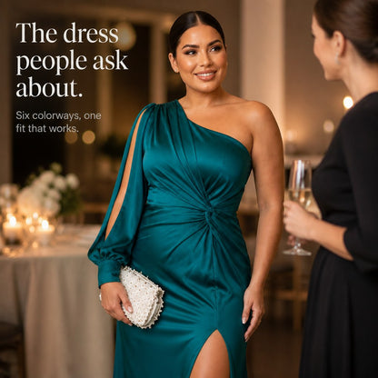One Shoulder Ruched Satin Maxi Dress