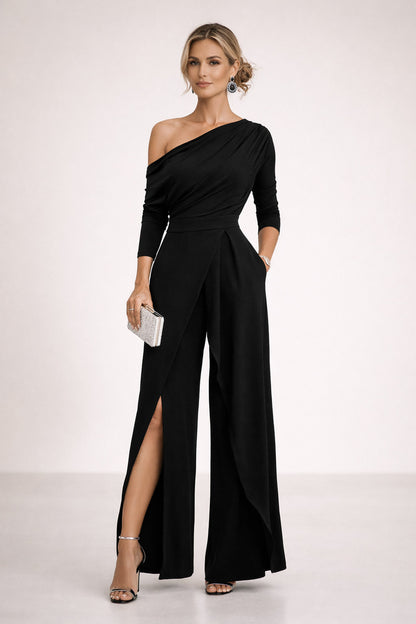 One Shoulder Ruched Wide Leg Jumpsuit