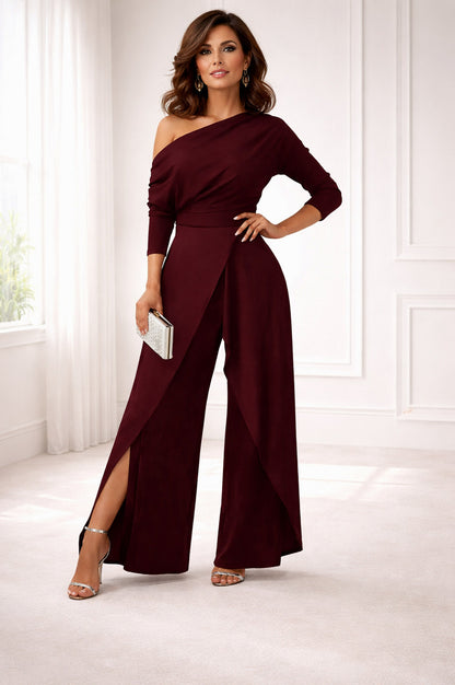 One Shoulder Ruched Wide Leg Jumpsuit