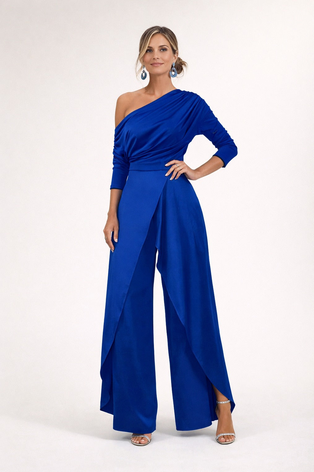 One Shoulder Ruched Wide Leg Jumpsuit
