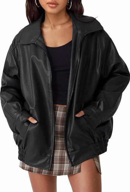 Oversized Faux Leather Bomber Jacket