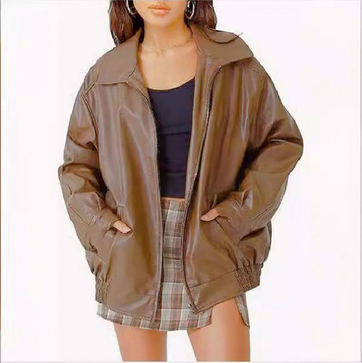 Oversized Faux Leather Bomber Jacket