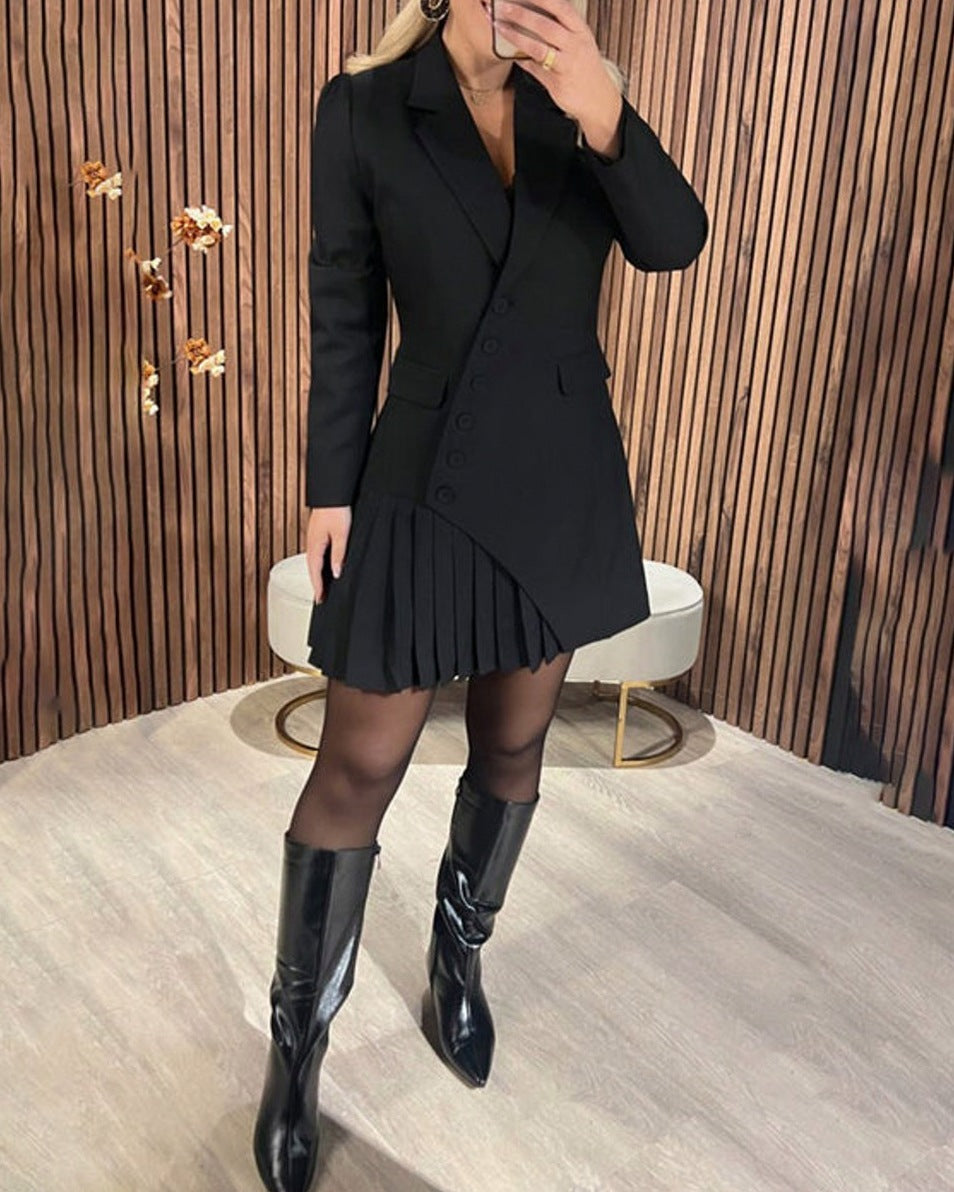 Pleated Button Front Blazer Dress