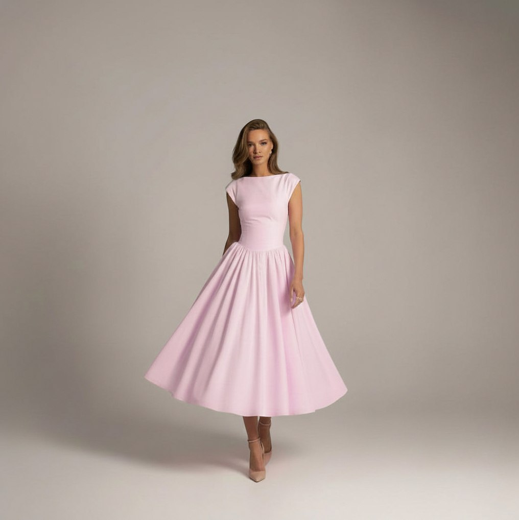 Pleated Cap Sleeve Midi Dress