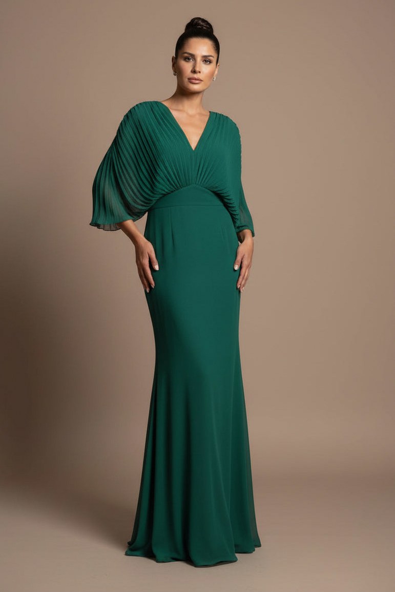 Pleated Cape Sleeve Maxi Dress