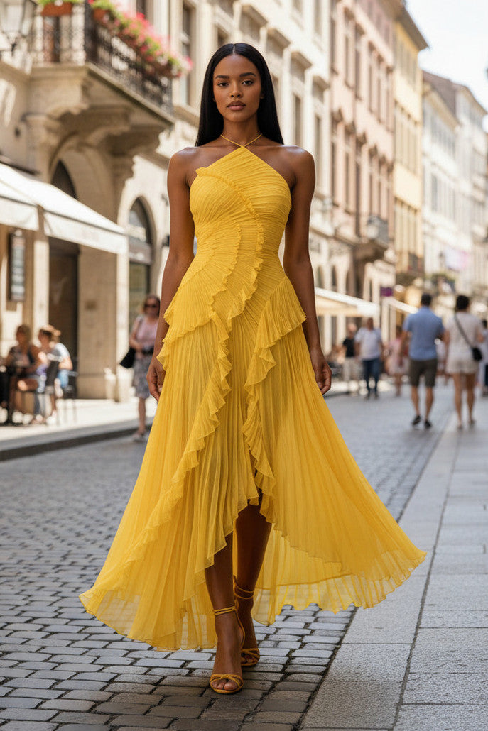 Pleated Ruffle Halter Maxi Dress