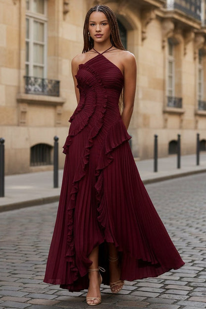 Pleated Ruffle Halter Maxi Dress