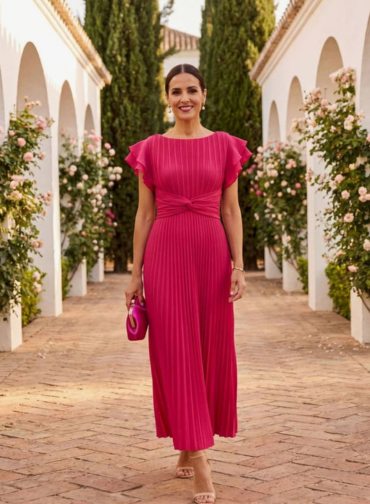 Short Sleeve Pleated Twist Front Maxi Dress