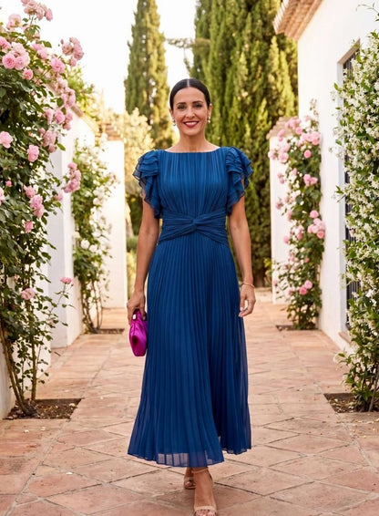 Short Sleeve Pleated Twist Front Maxi Dress
