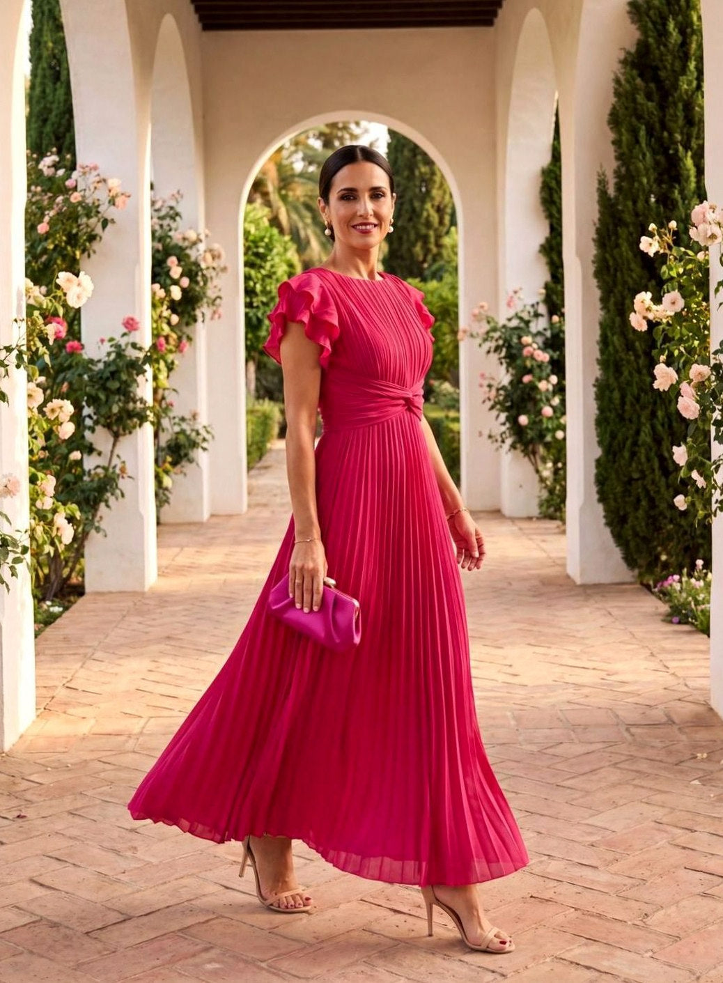 Short Sleeve Pleated Twist Front Maxi Dress