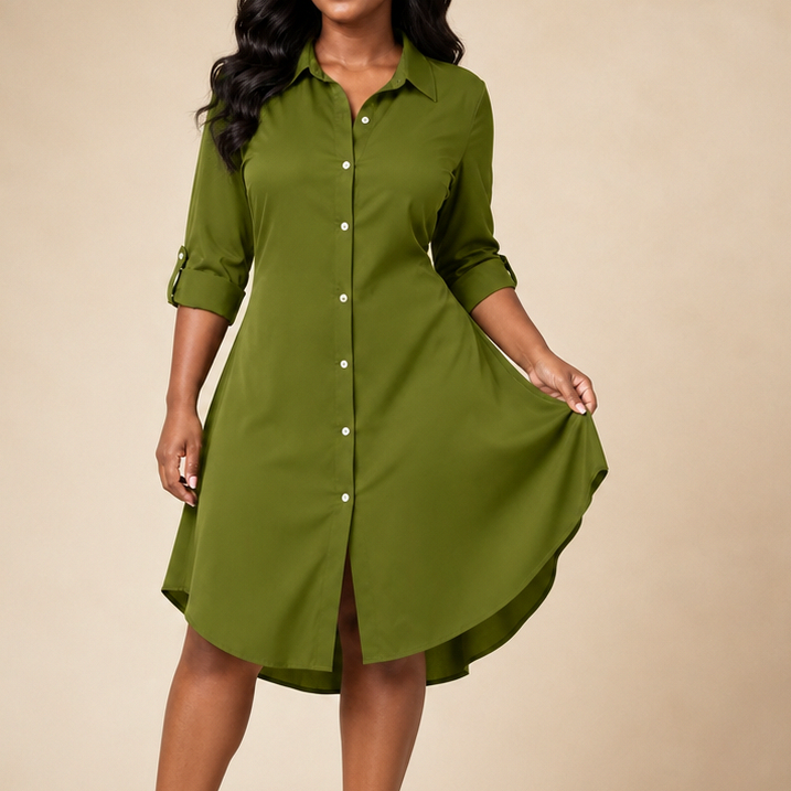 Poplin 3/4 Sleeve Midi Shirt Dress