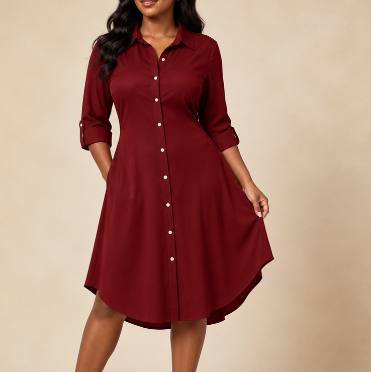 Poplin 3/4 Sleeve Midi Shirt Dress