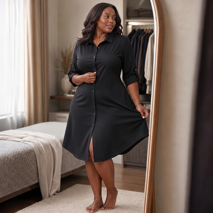 Poplin 3/4 Sleeve Midi Shirt Dress