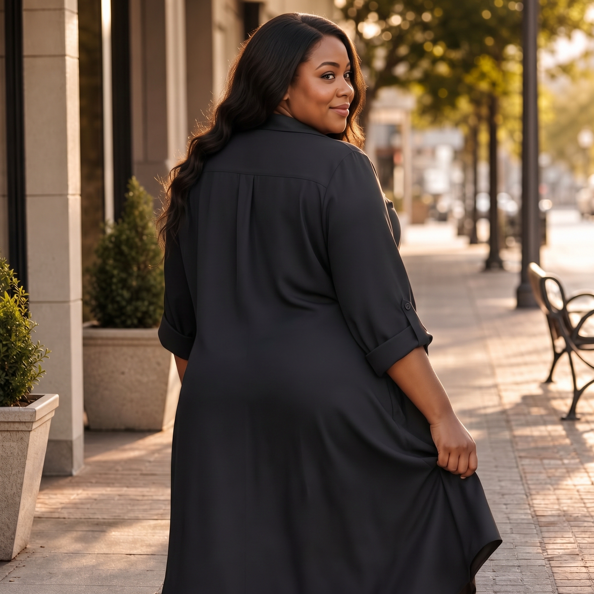 Poplin 3/4 Sleeve Midi Shirt Dress