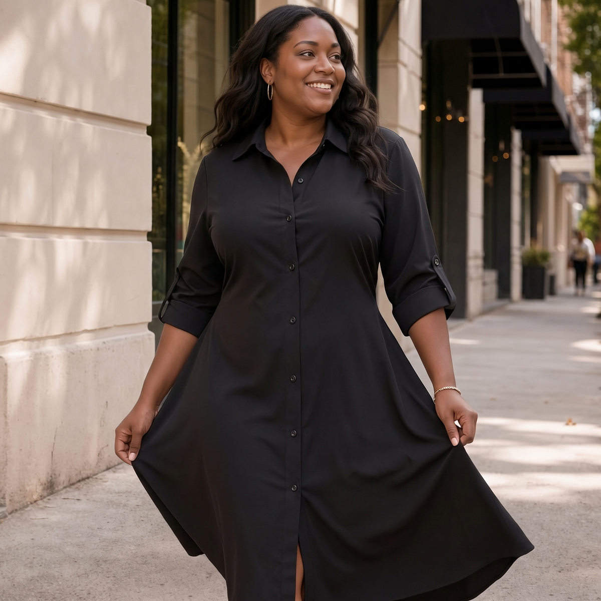 Poplin 3/4 Sleeve Midi Shirt Dress