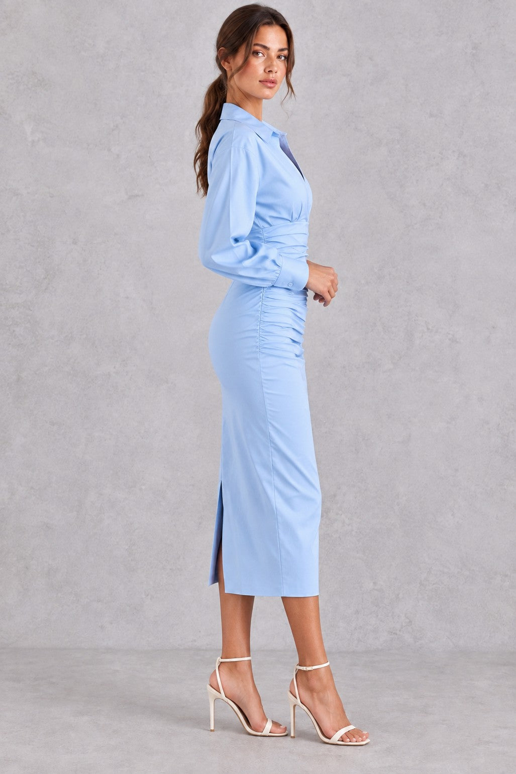 Poplin Long Sleeve Ruched Shirt Dress