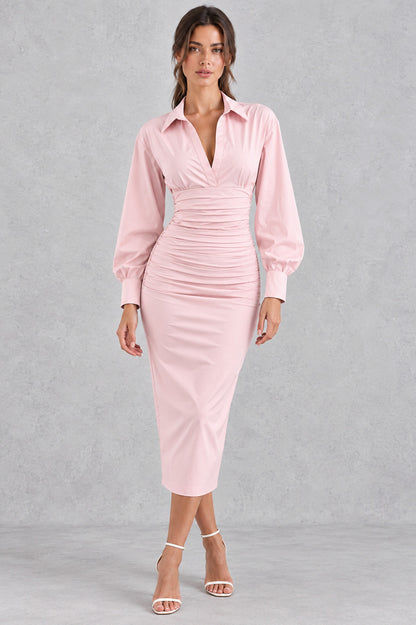 Poplin Long Sleeve Ruched Shirt Dress
