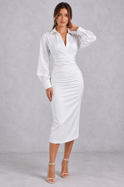 Poplin Long Sleeve Ruched Shirt Dress