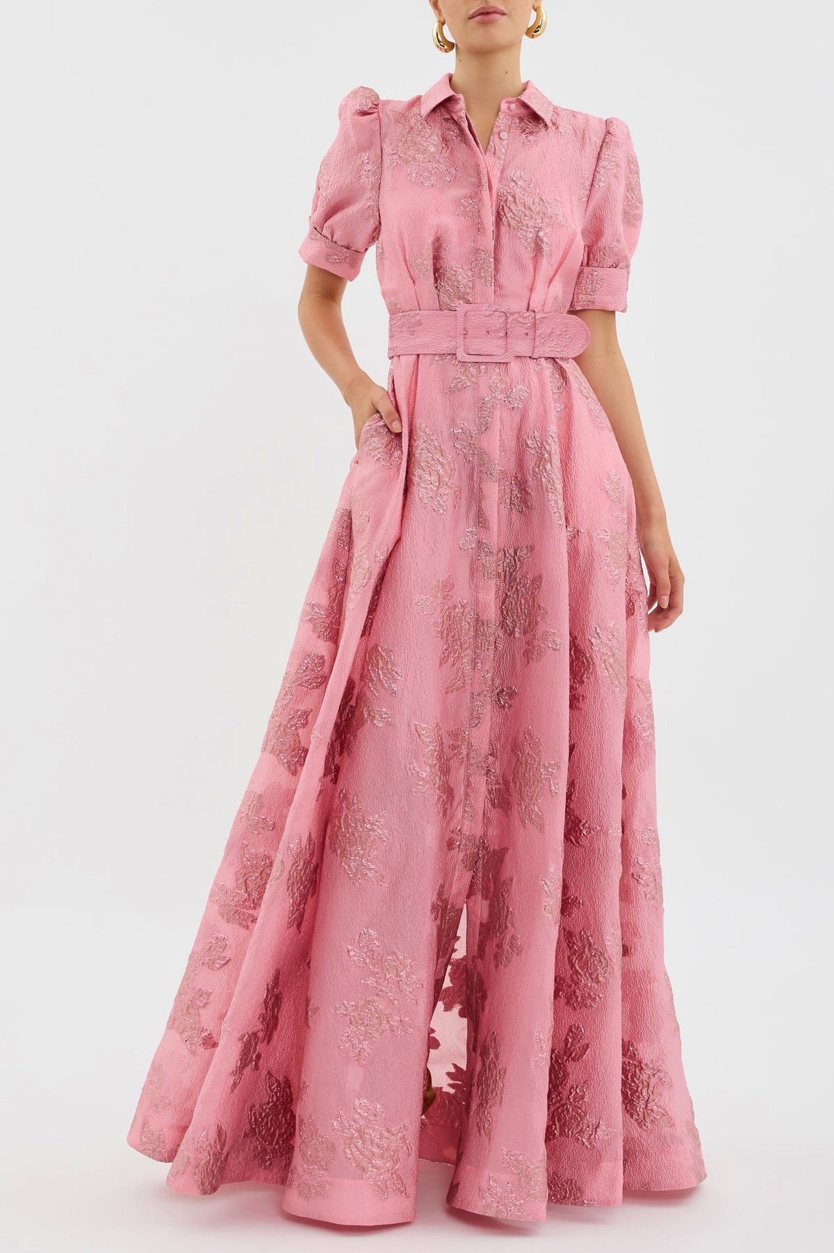 Puff Sleeve Belted Shirt Maxi Dress