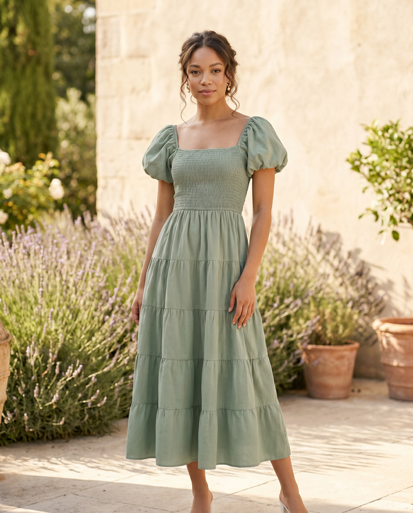 Vivienne Puff-Sleeve Midi Dress
