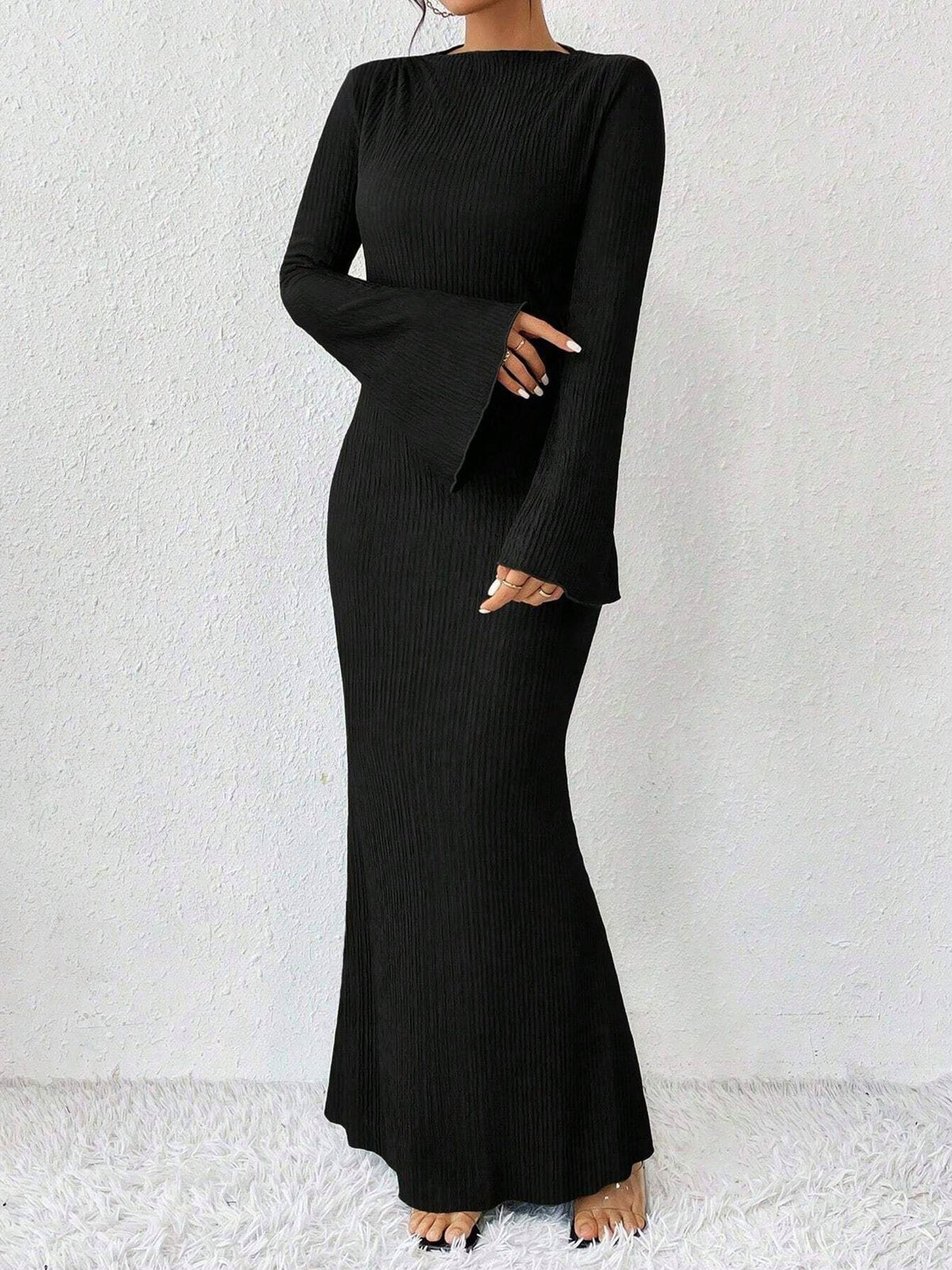 Ribbed Long Bell Sleeve Maxi Dress