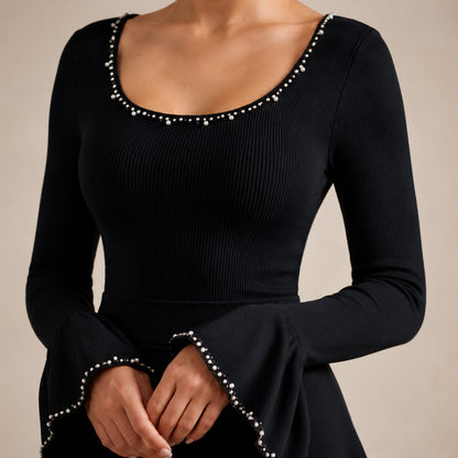 Ribbed Long Flare Sleeve Mini Dress