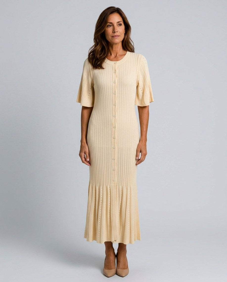 Ribbed Knit Button Front Midi Dress