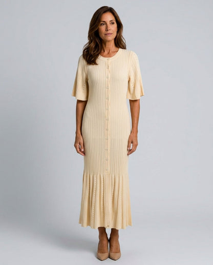 Ribbed Knit Button Front Midi Dress
