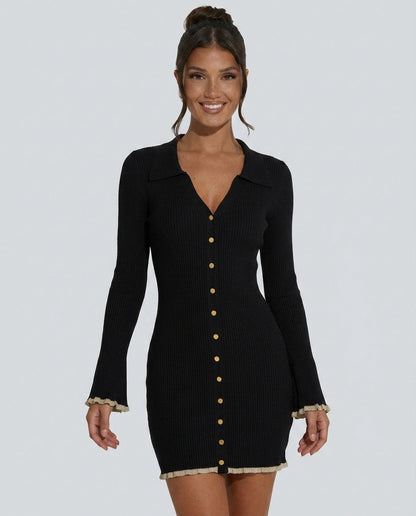 Ribbed Knit Button Mini Dress