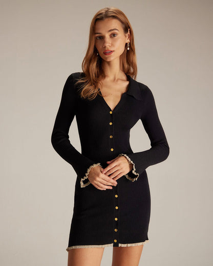 Ribbed Knit Button Mini Dress
