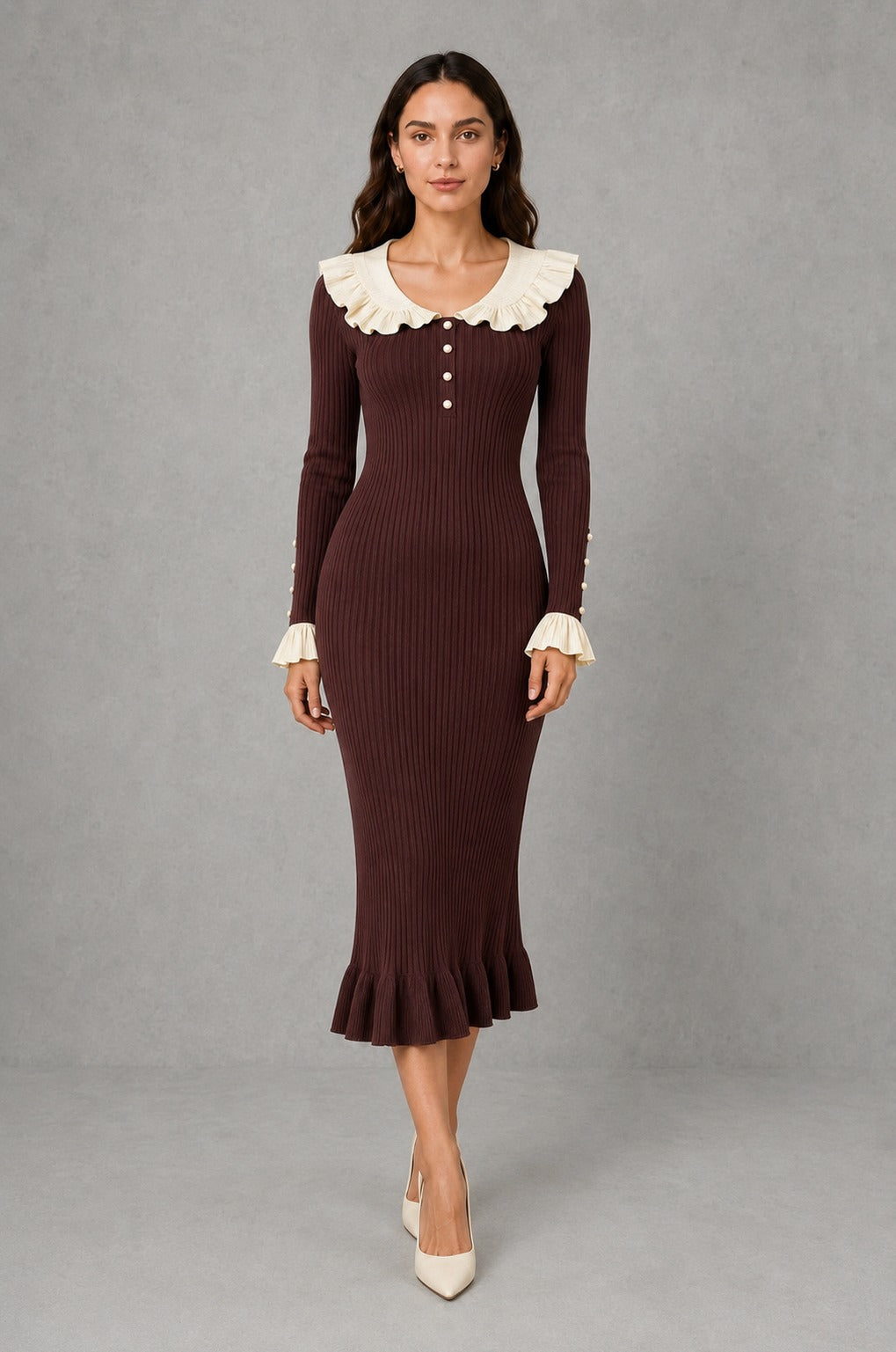 Ribbed Knit Collared Midi Dress