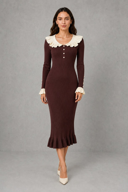 Ribbed Knit Collared Midi Dress
