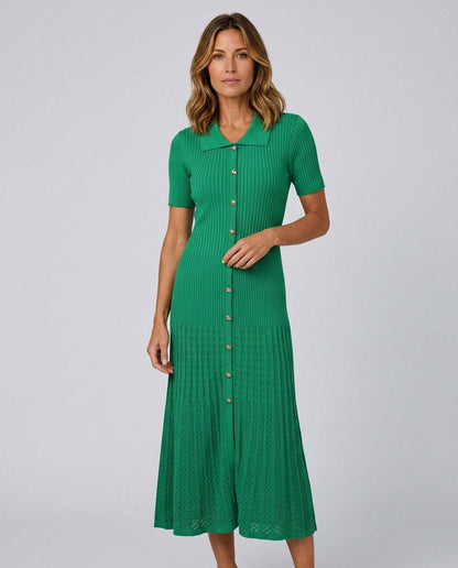 Ribbed Knit Collared Button Front Midi Dress