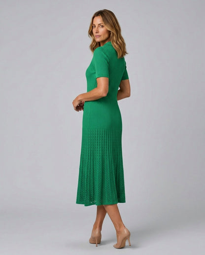 Ribbed Knit Collared Button Front Midi Dress