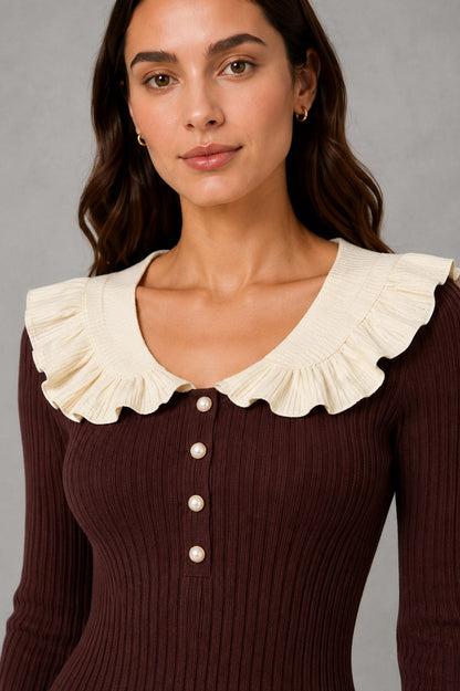 Ribbed Knit Collared Midi Dress